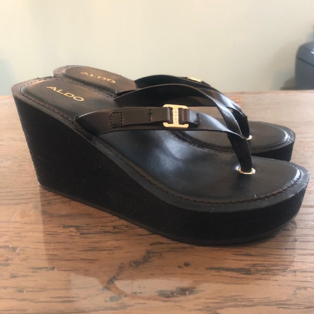 Aldo black leather wedge sandals